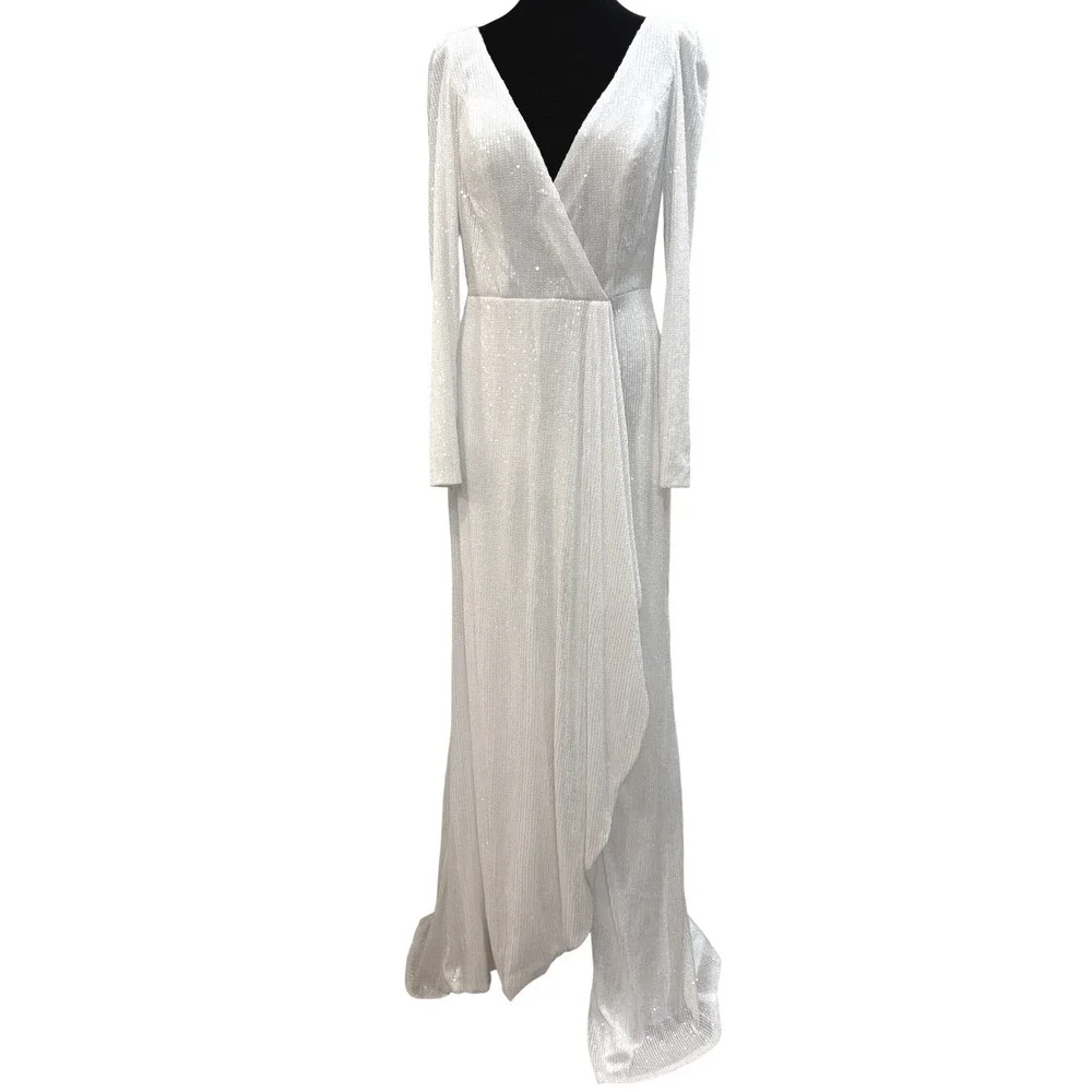 Mac Duggal Gown Women‎ Size 8 White Long Sleeve Sequin Glam Wedding 26395 NWT